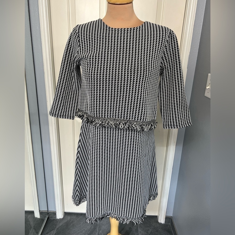 River Island Black & White Tweed Style Textured Dress With Fringe